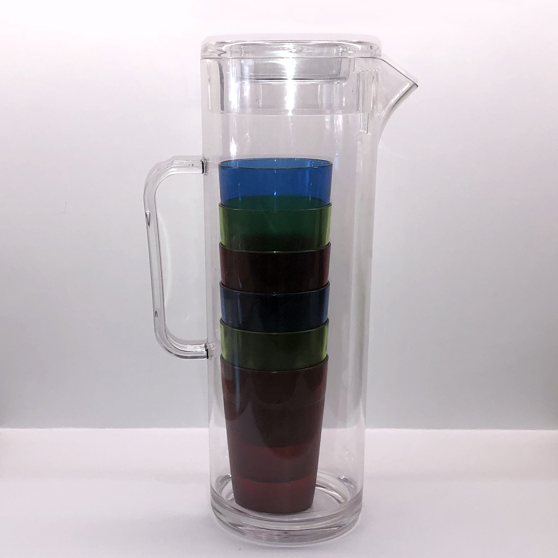 Polycarbonate 1.7 Litre Jug with Lid and 6 multi coloured juice glasses stacked