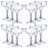 Pack of 12 coupe cocktail glasses with stemmed design, made from crystal-clear polycarbonate. Reusable, shatter-resistant, and ideal for hospitality, entertaining, and safer outdoor use. Made in UK.