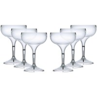 Pack of 6 crystal-clear coupe cocktail glasses with stemmed design, made from durable polycarbonate. Reusable and shatter-resistant—ideal for home bars, events, and safe service. Made in UK.