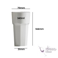 White Coloured Tumbler with Measurements height 144mm base width 51mm capacity 340 ml